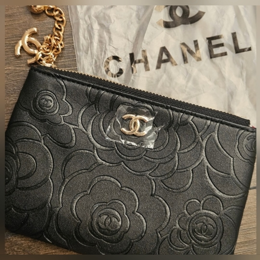 CHANEL Camellia Embossed Cosmetic Pouch CC Charm Zipper ONLY TWO LEFT